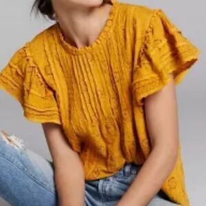 anthropology MUSTARD YELLOW FLATTER SLEEVE EYELET EMBROIDERED COTTON